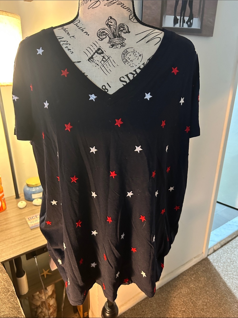 For The Republic Navy V-Neck Short Sleeve Top with Red & White Star Embroidery
